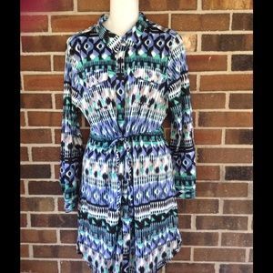 Petite Med or Large Shirt Dress Notations Blue Multi Pockets Long Sleeve NWT